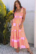 Elyse Boho Gingham Tied Straps Smocked Maxi Dress
